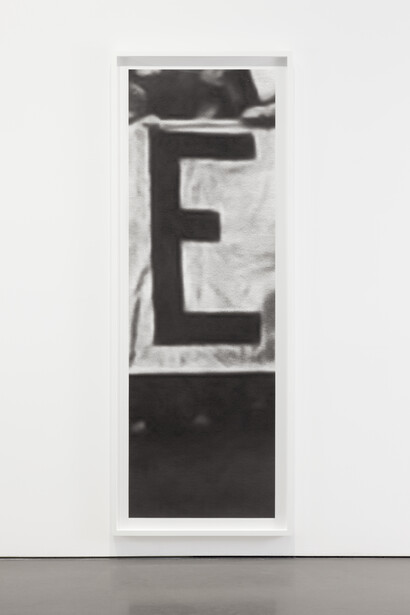 Sharon Hayes, E, 2015, Silkscreen on paper, Framed Dimensions: 54 1/2 x 20 3/8 x 1 3/4 inches (138.4 x 51.8 x 4.4 cm) © Sharon Hayes. Photo by Lance Brewer. Image courtesy Andrea Rosen Gallery, New York