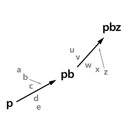 The pathway of contingency in the idealized growth of, say, a peptide chain p (but valid for any other molecular evolution growth): the choice of the reaction partner is not driven by chance, but determined instead by the structural determinism of p (or pb) and by the environmental conditions (like temperature, pH, concentration, pressure, dielectric constant…) which are independent from each other and from p (or pb).