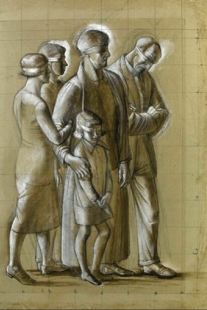 Alan Sorrell, 53 Study for People Seeking After Wisdom, 1928, pencil, ink and white gouache on grey paper, squared, 58.2 x 41.4 cm (23 x 16 ¼ in.), Courtesy of the Trustees of Sir John Soane's Museum