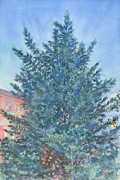 Dimitri Katsigiannis, en plein air, painting in exhibition. Courtesy of Skoufa Gallery 