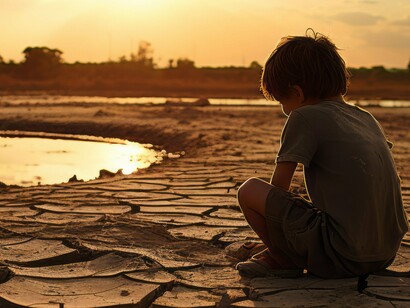 A child sits on desiccated land, embodying the long-term human cost of environmental mismanagement and policy failure