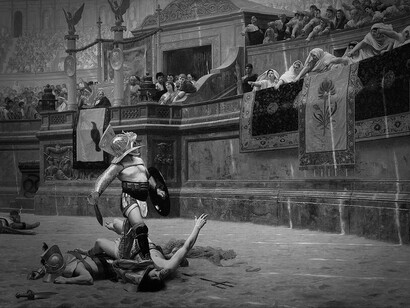 Gladiateurs. À cette époque, la vie ne tenait qu’à un fil, un pouce levé ou baissé suffisait à faire tomber la sentence © Pollice Verso, Jean-Leon Gerome 