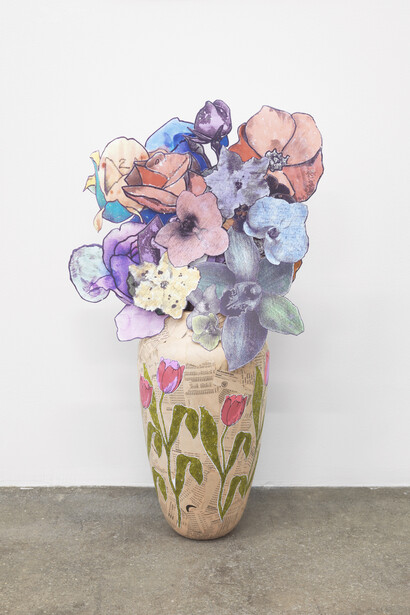 Marc Camille Chaimowicz, Vase (prototype) and paper bouquet, 1997 - 2014, Vase and paper bouquet, 19 1/8 x 55 1/8 x 15 3/4 inches (48.6 x 140 x 40 cm). Courtesy the artist and Anton Kern Gallery, New York and Andrew Kreps Gallery, New York