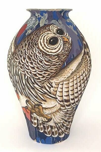 Bryan Burk, Barred Owl,
glaze and underglaze on stoneware,
22" x 14" x 14",
2023. Courtesy of the artist and Duane Reed Gallery