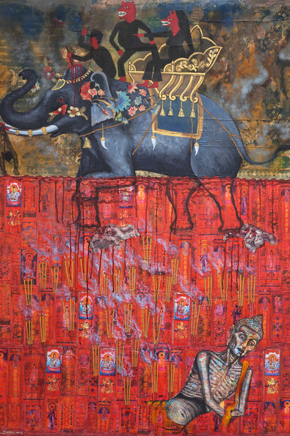 Leang Seckon, The Elephant and the Pond of Blood, 2013, mixed media and collage on canvas, 200 x 150 cm (79 x 59 in)