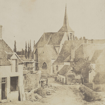View of Montbouy sur Loing with Notre-Dame et Saint-Blaise c. 1840 - 1850, gold-toned salted paper print, 24,8 (46,7) x 19,1 (34,5) cm. Courtesy of Daniel Blau gallery