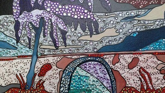 Sonia Strukul, L'acqua scorre sotto i ponti, 2014, acrilico su tela con cristalli swarovski, 20 x 30 cm