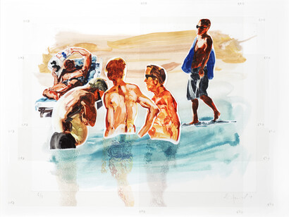Eric Fischl,
Men In Water, 2018,
Sublimation on Mylar with pins and digital pigment print on paper,
mounted on acid-free board,
32.50 x 41.50 x 3 in.