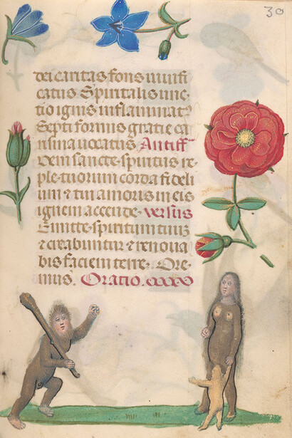 Wild man, woman, and child, from Book of Hours, Belgium, ca. 1490, The Morgan Library & Museum, MS S.7 fol. 30r.