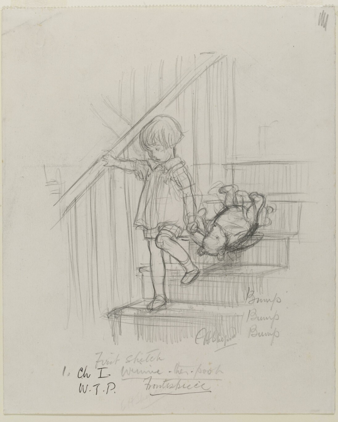 'Bump, bump, bump', pencil drawing by E. H. Shepard, from Winnie-the-Pooh, chapter 1, 1926. © The Shepard Trust, reproduced with permission from Curtis Brown