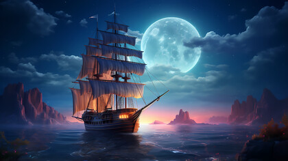Digital art moon and a pirate boat