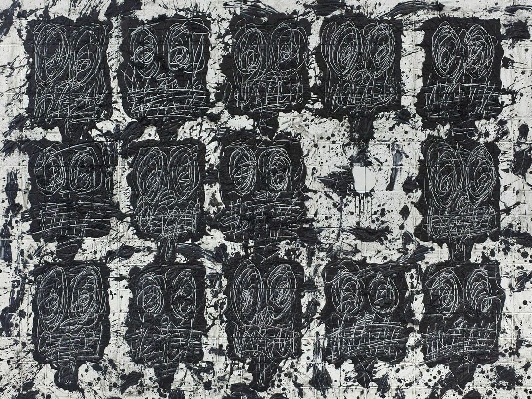 Rashid Johnson, The Crowd, 2016, White ceramic tile, black soap, and wax. 73 x 94 1/2 x 2 1/2 in(185.42 x 240.03 x 6.35 cm)JOHR_0025. Courtesy of the artist and David Kordansky Gallery. Photo by Martin Parsekian