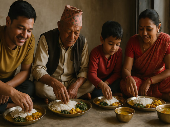 A Nepali family sharing a traditional Brahmin meal together on the floor, honoring simplicity, purity, and connection