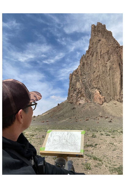 Steven J Yazzie, Drawing and Driving at Shiprock, 2023, photographic documentation, © Steven J Yazzie 2023. Courtesy Gerald Peters Contemporary