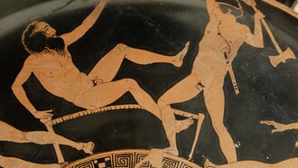 Teseo luchando contra Procusto. Alrededor del tondo de un kylix ático de figuras rojas, ca. 440-430 a.C. Se dice que es de Vulci, una rica ciudad etrusca en lo que hoy es el norte de Lacio, en el centro de Italia