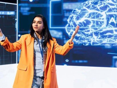 An IT technician presenting the latest innovations in artificial intelligence, including generative AI, AI chatbots, and machine learning