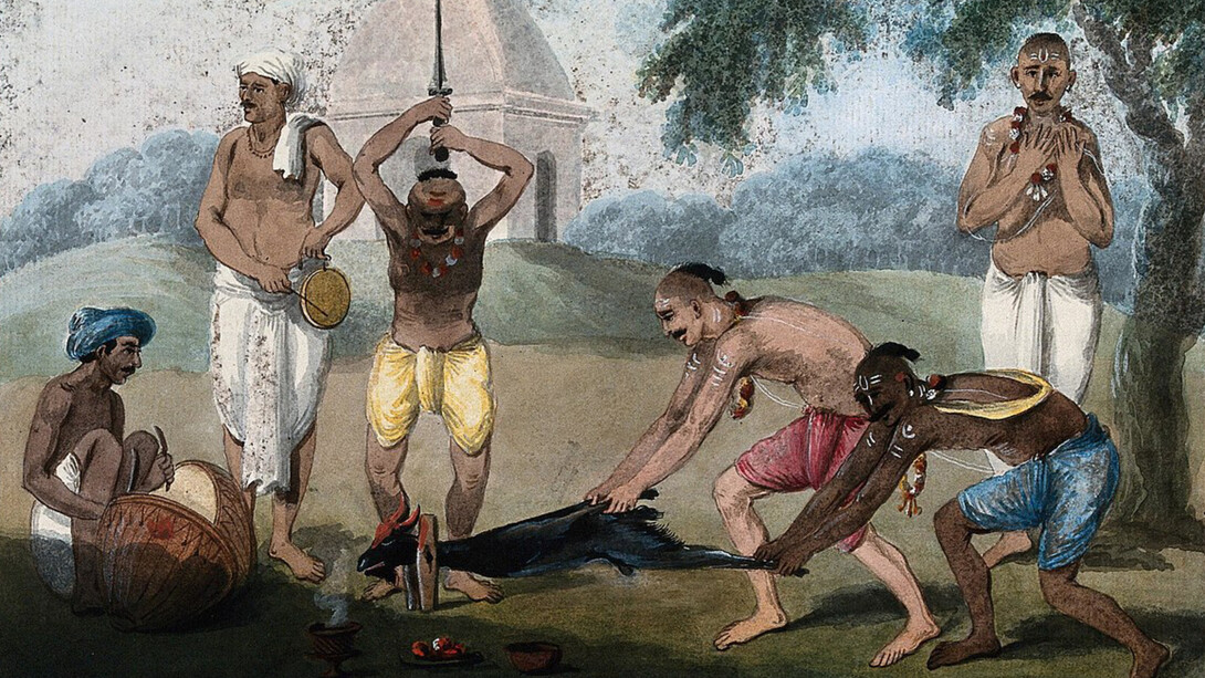 A goat being slaughtered at Kali Puja. Painting by an Indian artist dated between 1800 and 1899