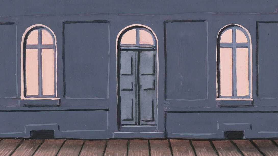 Detalle de La habitación de Madame Sundheim (René Magritte, c. 1960), donde el juego de paradojas de Magritte que desafía nuestra percepción de lo que está abierto o cerrado