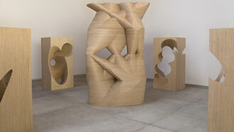 Nigel Hall - Here and Now, There and Then (floor mounted), 2016. Birch plywood, centre column 212cm high, blocks 146.5 cm high
