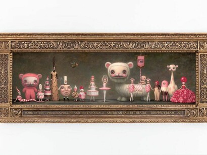 Mark Ryden, Princess Praline and Her Entourage, 2017, oil on canvas 15 x 52, inches, 38.1 x 132.1 cm, 25 1/4 x 61 1/2x3 1/2 inches, framed 64.1 x 156.2 x 8.9 cm. Courtesy of Paul Kasmin Gallery