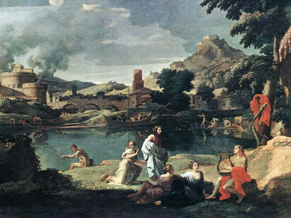 Nicolas Poussin, "Paisaje con Orfeo y Eurídice" (detalle), circa 1650, Museo del Louvre, París, Francia
