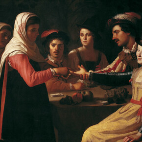 Gerrit van Honthorst, Buona ventura, 1616-1617, Olio su tela, Firenze, Galleria degli Uffizi