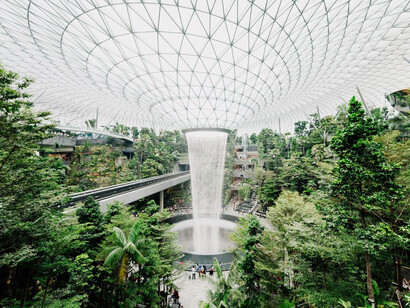 Biophilic design in healthcare architecture comes to life in the interior, where plants and water elements create a serene and restorative atmosphere in hospital settings