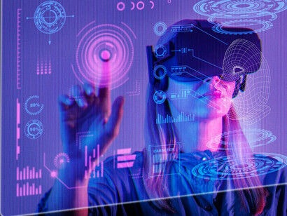 An individual diving into the Metaverse, experiencing a rich digital landscape through cutting-edge virtual reality goggles