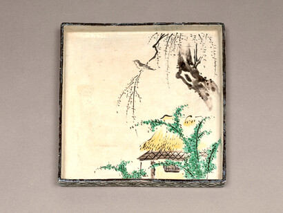 Square dishes with seasonal motifs based on Fujiwara Teika’s poems of the twelve months, in underglaze enamels, Edo period (1702), MOA Museum of Art, Ogata Kenzan