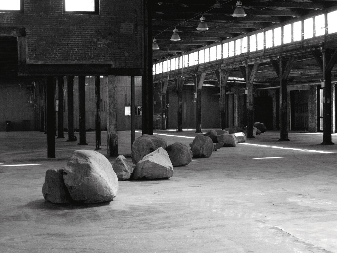 Richard Nonas, Slant (Stones), 2013, 125 Feet Long, Knockdown Center, Maspeth, Queens, New York, NY. ©Richard Nonas. Courtesy of Fergus McCaffrey Gallery