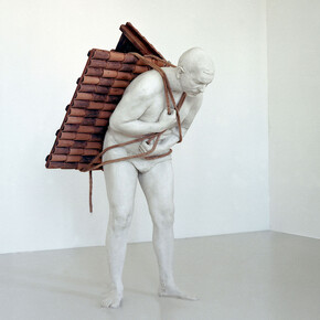 Adrian Paci, Home to go, 2001  Plaster, marble, dust, tiles, rope, 165 × 90 × 120 cm Courtesy of the Artist, kaufmann repetto, Milano/New York and Peter Kilchmann gallery, Zurich