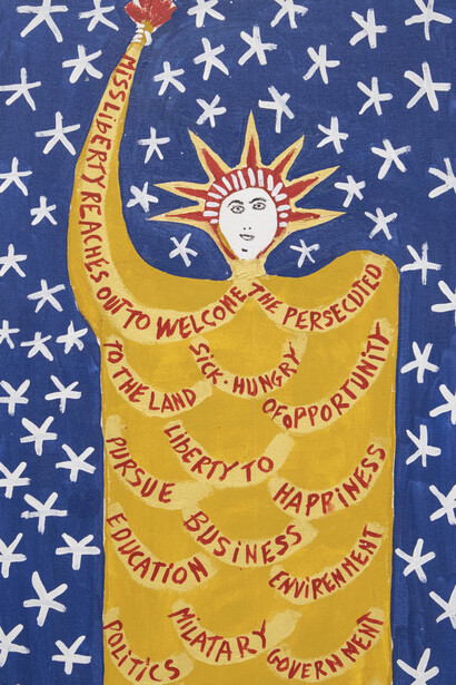 Reverend Benjamin Franklin Perkins, Miss Liberty reaches out to welcome the persecuted (detail). Courtesy of American Folk Art Museum