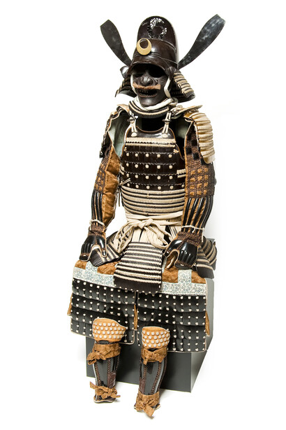 Tōsei Gusoku armor with multi-colored lacing and flesh-colored cuirass, Edo period, 18th century. Iron, lacquer, gold, boar fur, and boar bristle. Courtesy of Private Collection. Photography by Forrest Cavale and ZacForrest Cavale and Zach Niles of ThirdElementStudios.com