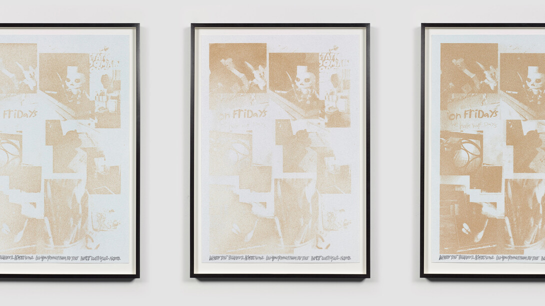 Untitled, 2014, 11 Framed prints Kool-Aid, acrylic, 7.66 oz of walnut shell powder, and ink on paper + Chromogenic print, 32 1/8 x 22 5/8 inches. Courtesy of the artist and Miguel Abreu Gallery, NY