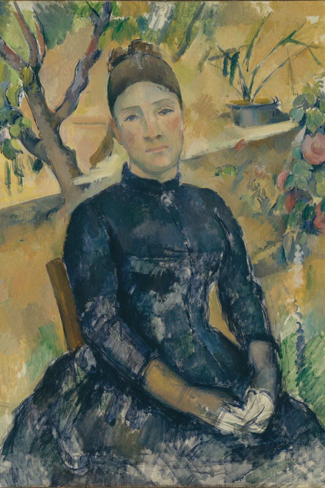Paul Cézanne (French, Aix-en-Provence 1839–1906 Aix-en-Provence), Madame Cézanne (Hortense Fiquet, 1850–1922) in the Conservatory, 1891, Oil on canvas, 36 1/4 x 28 3/4 in. (92.1 x 73 cm). The Metropolitan Museum of Art, Bequest of Stephen C. Clark, 1960