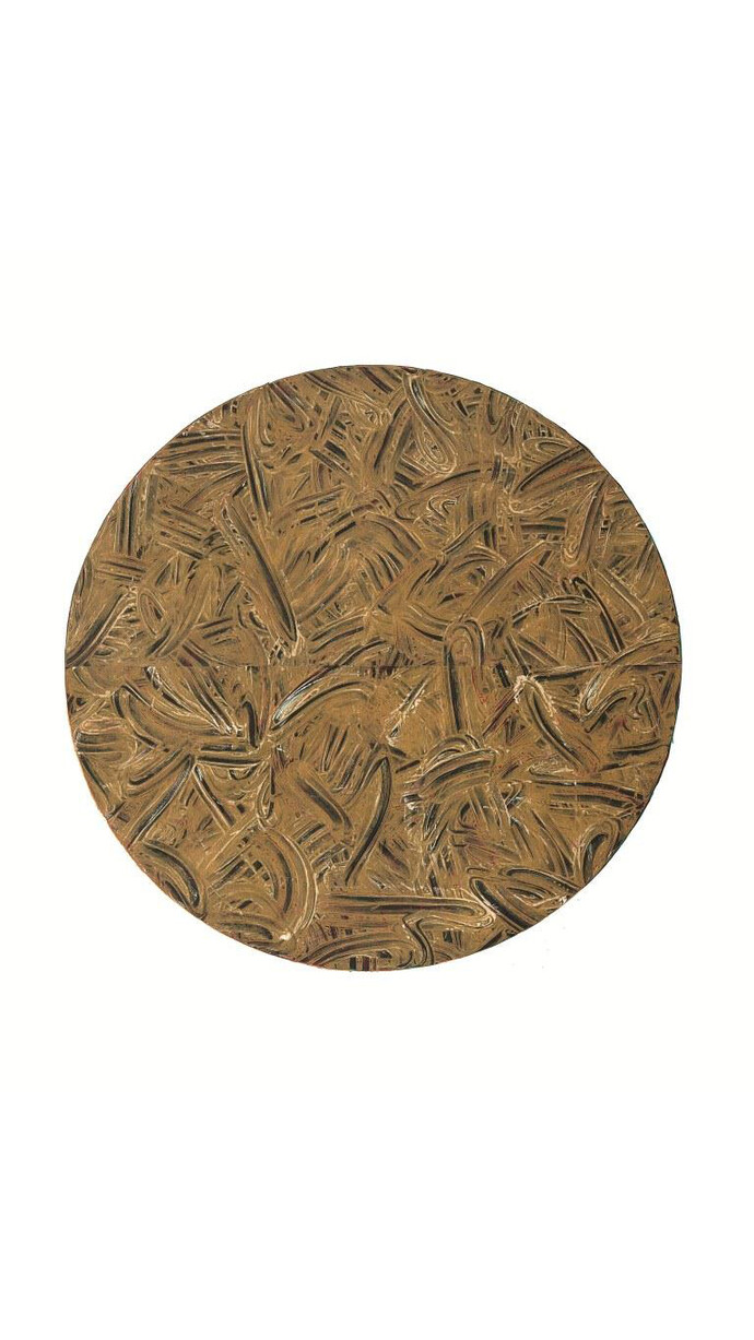 Richard Long, Guitars, Cadillacs, 2014, A two panel carborundum relief printed in Yellow Ochre/Zinc White/Primrose/Vermilion ink mix on Moulin Du Gue 350 gsm paper painted in Viridian/Napthol Red/Van Dyke Brown layers. Overall 232 x 209 cm / Image diameter 173 cm, Edition of 12, Courtesy Richard Long and Alan Cristea Gallery, London
