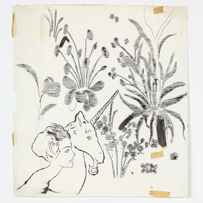 Andy Warhol, Female Head, Unicorn and Flowers, c. 1957, Ink and graphite on scrap paper, 24 x 21 5/8 inches (paper) (61 x 54.9 cm). © The Andy Warhol Foundation for the Visual Arts, Inc. Courtesy Anton Kern Gallery, New York