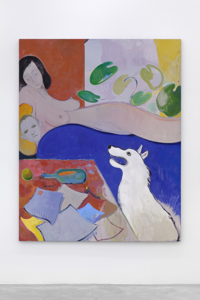 Sanya Kantarovsky, Yesterday and Today, 2014, Oil, watercolor, pastel, oilstick on canvas, 75 x 60" / 190.5 x 152.4cm. Photo credit: Dawn Blackman. Courtesy of the artist and Casey Kaplan, New York 
