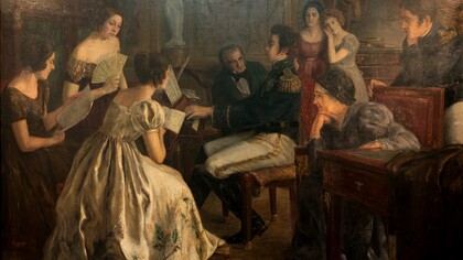 O Imperador dom Pedro I do Brasil compondo o Hino da Independência em 1822. Nascido Pedro de Alcântara Francisco António João Carlos Xavier de Paula Miguel Rafael Joaquim José Gonzaga Pascoal Cipriano Serafim de Bragança e Bourbon, em 12 de outubro de 1798, no Palácio de Queluz, em Portugal, seu destino parecia traçado desde o berço. No entanto, a história reservava para ele um caminho muito diferente daquele percorrido por seus antepassados