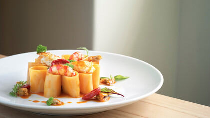 Pacchero di Gragnano in salsa di molluschi e crostacei. Ohimà Brasserie Positano