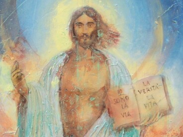 Luigi Salvatori, Sinfonia di Resurrezione, acrilico su tela, 100x100 cm, 2025, particolare volto di Cristo