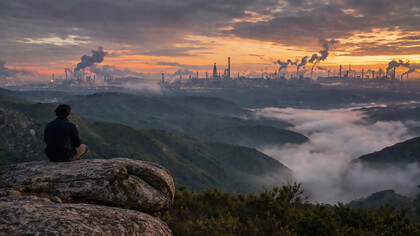 A solitary figure overlooks a mist-covered valley as industrial smoke rises on the horizon, capturing the tension between nature’s illusion of harmony and the persistent pressures shaping life