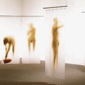 Oscar Muñoz, Cortinas de baño [Shower Curtains], 1985–1986. Acrylic on plastic, 5 elements, 190 x 140 cm and 190 x 70 cm each, various dimensions. Collection Banco de la República