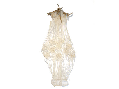 Mandy Coppes-Martin, Harnessing a Memory, 2021, deconstructed antique christening gown, hand made paper and found wood, 200x80 cm (78.7x31.4 inches). Courtesy of the artist and Jenn Singer Gallery