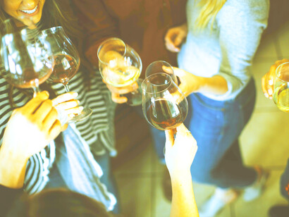 Grupo de amigos brindan con copas de vino en una fiesta