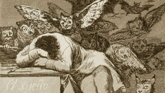Com cada vez maior convicção penso que, se temos de recorrer a manifestações célebres e sucintas da nossa condição, a melhor escolha é a da água-forte de Goya de 1799, El sueño de la razón produce monstruos (o sono da razão produz monstros). Em vez da metáfora do movimento, a metáfora da condição