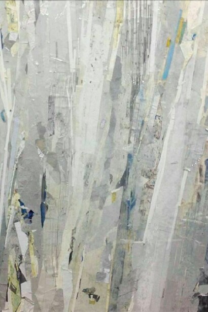 Redactor VII, 2013, enamel, acrylic, crystalina, glass powder, pigment, cold wax, glass film, tape, and vinyl on wood panel, 60 x 48 inches