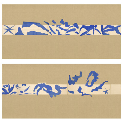 Henri Matisse (French, 1869-1954). The Swimming Pool (La Piscine), late summer 1952. Maquette for ceramic (realized 1999 and 2005). Gouache on paper, cut and pasted, on painted paper. Overall 73 x 647” (185.4 x 1653.3 cm). Installed as nine panels in two parts on burlap-covered walls 136” (345.4 cm) high. Frieze installed at a height of 65” (165 cm). The Museum of Modern Art, New York. Mrs Bernard F. Gimbel Fund, 1975 © 2014 Succession H. Matisse / Artists Rights Society (ARS), New York