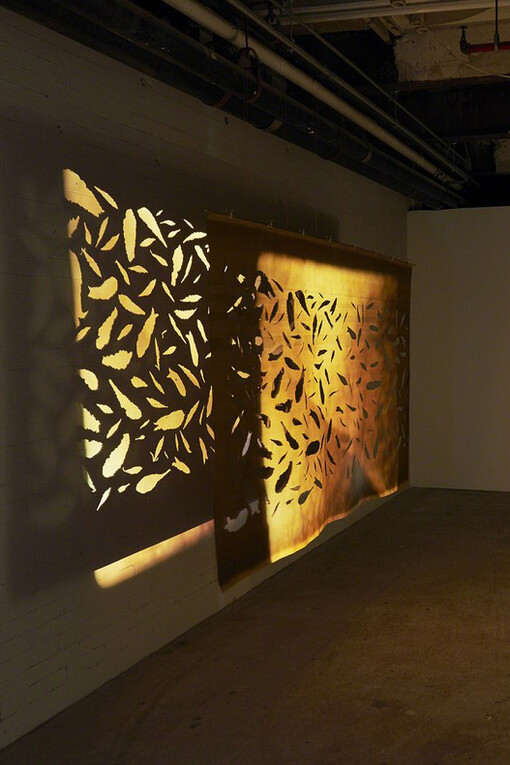 Kelly Akashi, Shadow Film, 2017, installation view, SculptureCenter, New York, 2017. 16mm film, projector, copper foil, copper rod, whipping twine, brass clips. Dimensions variable. Courtesy the artist and Ghebaly Gallery, Los Angeles. Photo: Kyle Knodell


