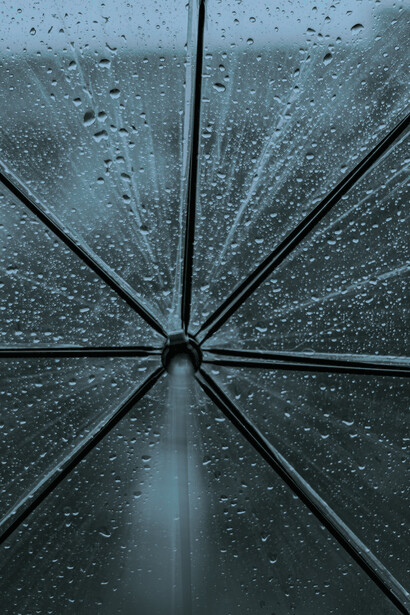 Vista hacia el cielo desde debajo de un paraguas transparente